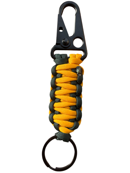 Llavero Paracord amarillo/verde oscuro con mosquetón