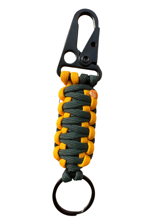 Llavero Paracord amarillo/verde oscuro con mosquetón